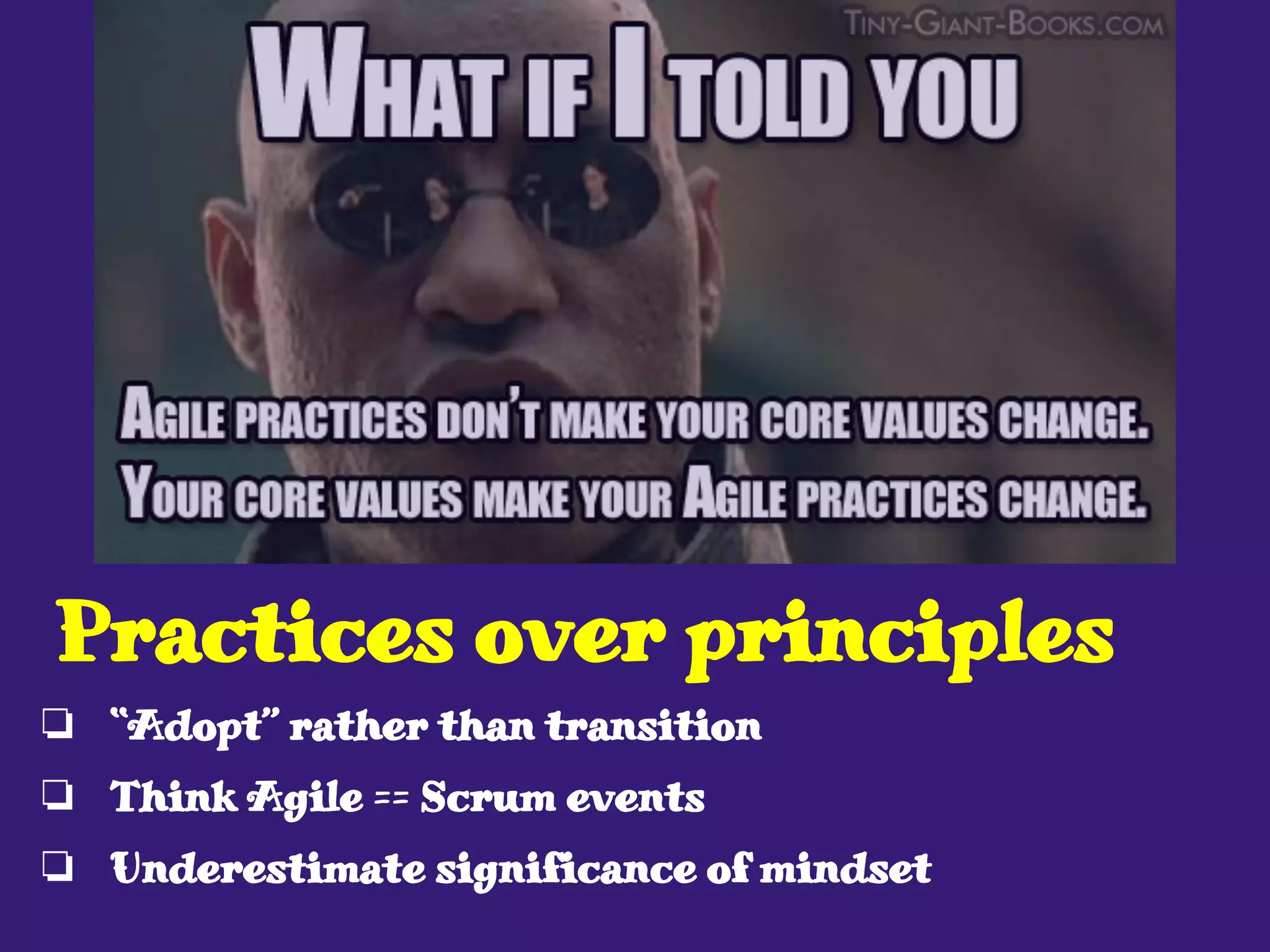 ❏ “Adopt” rather than transition
❏ Think Agile == Scrum events
❏ Underestimate significance of mindset
Practices over principles
 