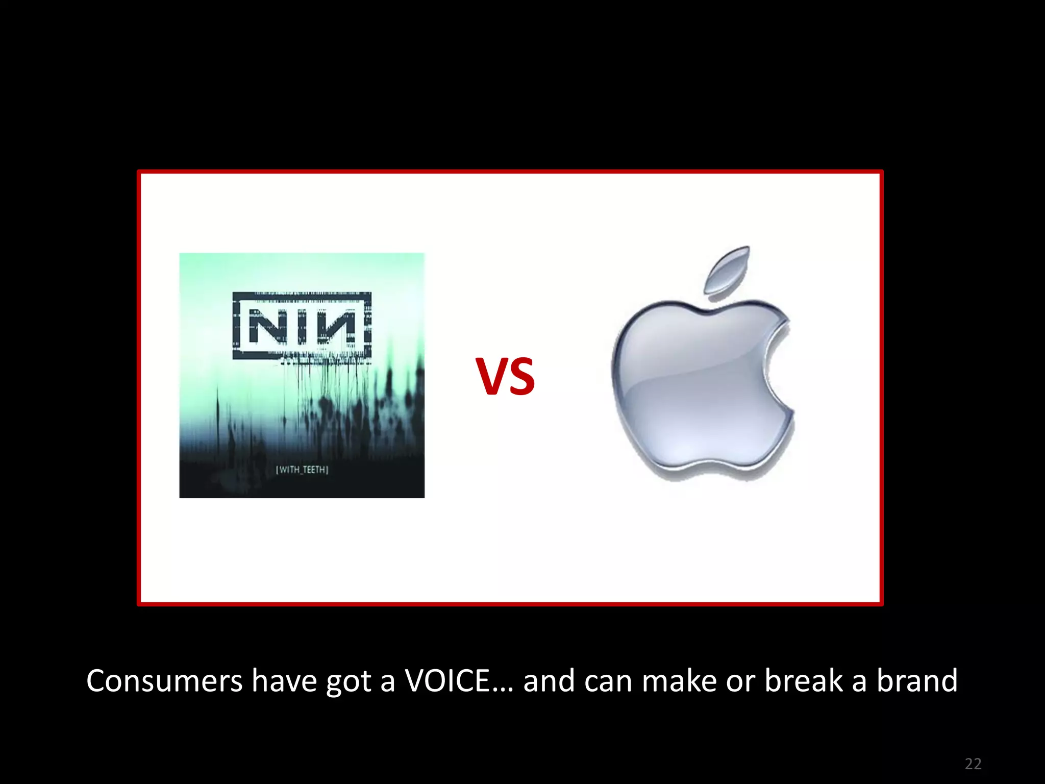 VS




Consumers have got a VOICE… and can make or break a brand

                                                            22
 
