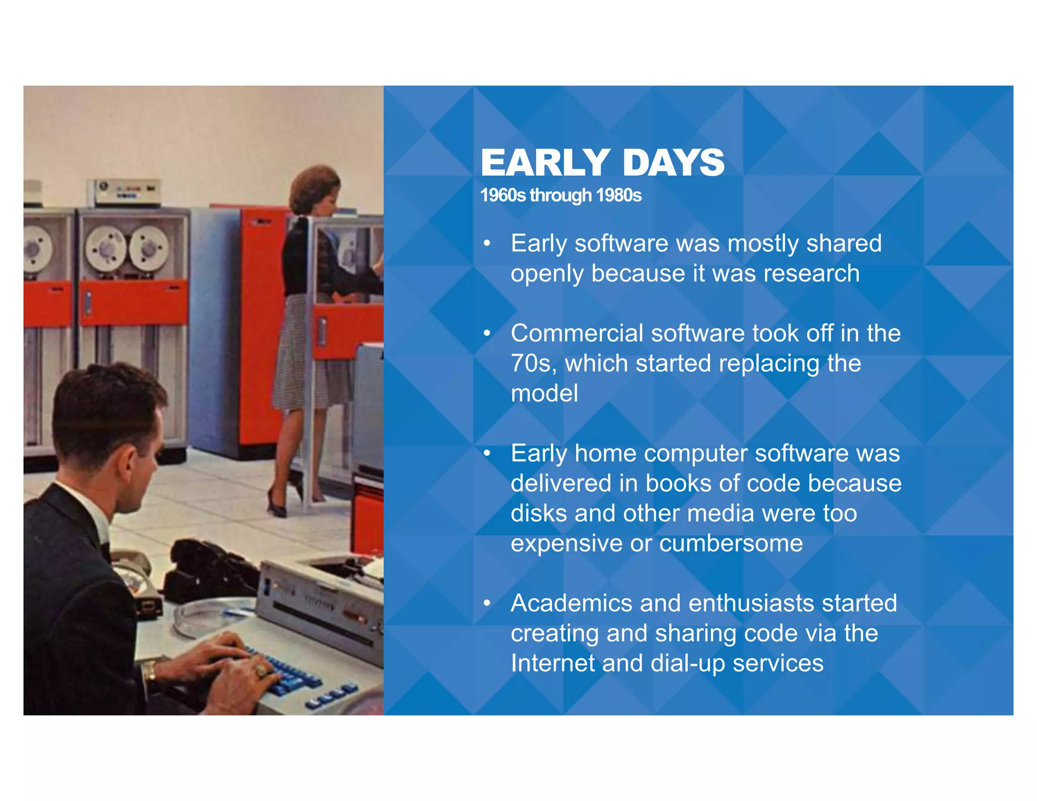 EARLY DAYS
• Early software was mostly shared
openly because it was research
• Commercial software took off in the
70s, which started replacing the
model
• Early home computer software was
delivered in books of code because
disks and other media were too
expensive or cumbersome
• Academics and enthusiasts started
creating and sharing code via the
Internet and dial-up services
1960sthrough1980s
 