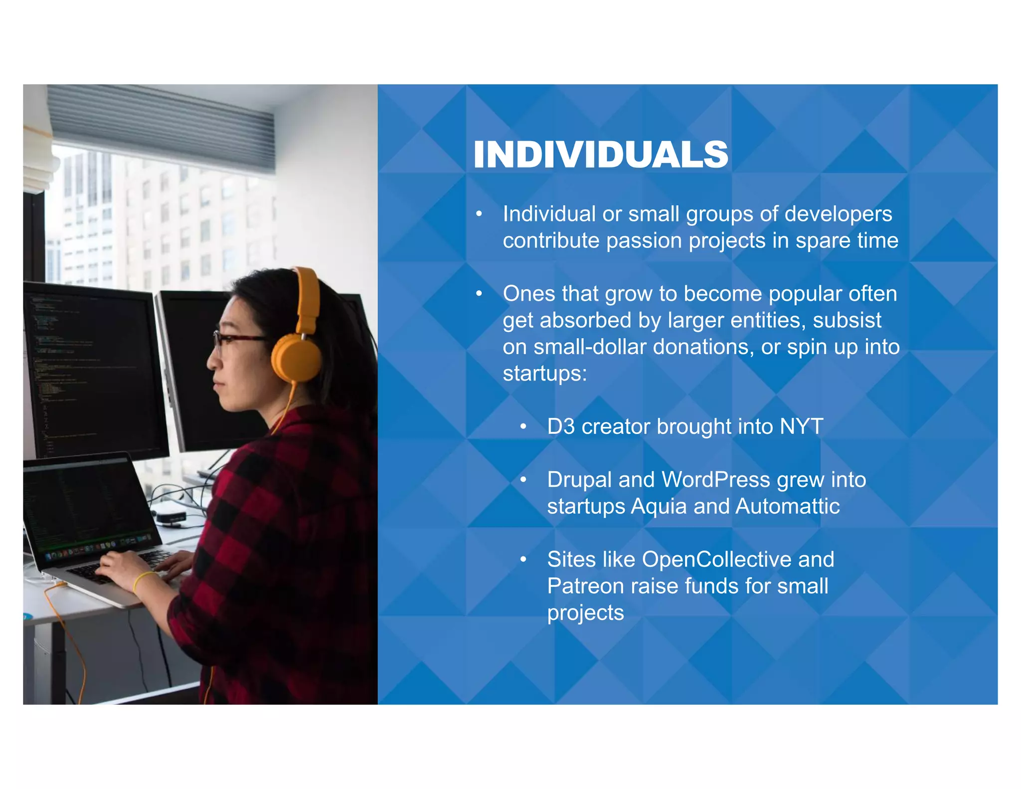 INDIVIDUALS
• Individual or small groups of developers
contribute passion projects in spare time
• Ones that grow to become popular often
get absorbed by larger entities, subsist
on small-dollar donations, or spin up into
startups:
• D3 creator brought into NYT
• Drupal and WordPress grew into
startups Aquia and Automattic
• Sites like OpenCollective and
Patreon raise funds for small
projects
 