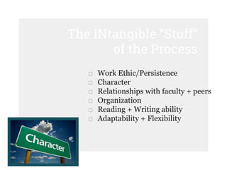 The INtangible “Stuff”
of the Process
□ Work Ethic/Persistence
□ Character
□ Relationships with faculty + peers
□ Organization
□ Reading + Writing ability
□ Adaptability + Flexibility
 