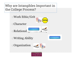 Why are Intangibles Important in
the College Process?
□Work Ethic/Grit
□Character
□Relationships with faculty
□Writing Ability
□Organization
 