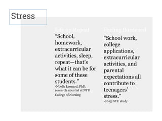 Life on Repeat
“School,
homework,
extracurricular
activities, sleep,
repeat—that’s
what it can be for
some of these
students.”
-Noelle Leonard, PhD,
research scientist at NYU
College of Nursing
Stress
Feeling Burdened
“School work,
college
applications,
extracurricular
activities, and
parental
expectations all
contribute to
teenagers’
stress.”
-2015 NYU study
 
