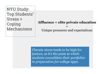 NYU Study:
Top Students’
Stress +
Coping
Mechanisms
Affluence + elite private education
=
Unique pressures and expectations
Chronic stress tends to be high for
juniors, as it’s the point at which
students consolidate their portfolios
in preparation for college apps.
 