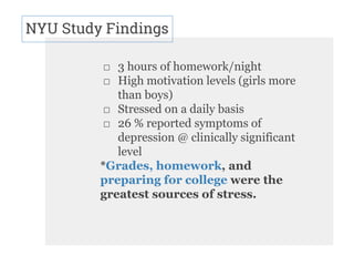 NYU Study Findings
□ 3 hours of homework/night
□ High motivation levels (girls more
than boys)
□ Stressed on a daily basis
□ 26 % reported symptoms of
depression @ clinically significant
level
*Grades, homework, and
preparing for college were the
greatest sources of stress.
 