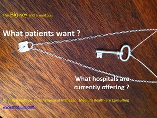 The   Big key and a small Lock


What patients want ?




                                        What hospitals are
                                        currently offering ?
Dr Vijay Raaghavan N I Engagement Manager I Medium Healthcare Consulting
www.med-ium.com
 