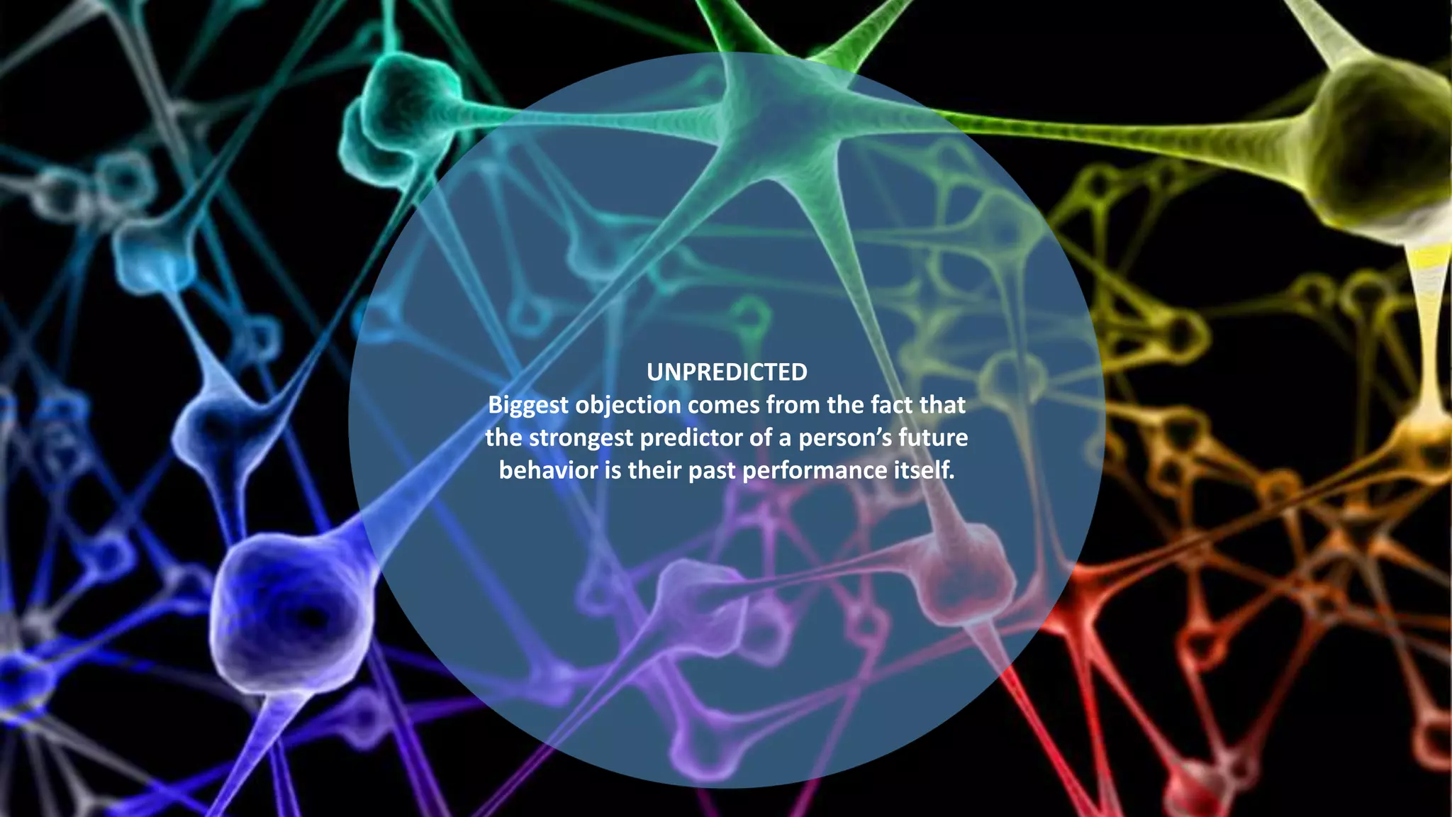 UNPREDICTED
Biggest objection comes from the fact that
the strongest predictor of a person’s future
behavior is their past performance itself.
 