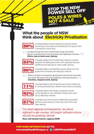 STOP THE NSWFF
                                                                                                             POWER SELL O
                                                                                                             POLES & WIRES
                                                                                                             NOT 4 SALE

                                                                                  What the people of NSW
                                                                                  think about Electricity Privatisation
                                                                                            of people believe that the electricity network should
                                                                                   80%      be owned by the public and operated by the government
                                                                                            to beneﬁt the community.




                                                                                            of people believe that the electricity network currently
                                                                                   83%      provides the NSW government with important ﬁnancial
                                                                                            dividends that help pay for other public services.


                                                                                   86%      of people believe that electricity prices will go up if the
                                                                                            government privatises the electricity network.




                                                                                            of people believe that the government does a better job
                                                                                   71%      at running the electricity network than private companies.

                                                                                            of people believe that foreign companies should
                                                                                   92%      not be allowed to own important infrastructure such
                                                                                            as our electricity network.
Authorised by Mark Lennon, Secretary, Unions NSW, Goulburn St, Sydney 2000.




                                                                                            of people say that the issue of electricity privatisation
                                                                                   87%      will have some impact on how they vote at the next
                                                                                            state election.




                                                                              FOR MORE INFORMATION GO TO:
                                                                              www.stoptheselloff.org.au or @NSWPowerSellOff
 
