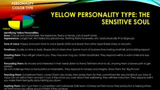YELLOW PERSONALITY TYPE: THE 
SENSITIVE SOUL 
PERSONALITY 
COLOR TYPE 
Blue 
Green 
Yellow 
Red 
Identifying Yellow Personalities 
Dress: Casual and comfortable. Not expensive, flashy or trendy. Lots of earth tones. 
Appearance: Longer hair. Not styled any special way. Nothing flashy for jewelry, etc. Least physically fit of all groups. 
Tone of voice: Happy and warm tone to voice Speak softer and slower than other types Rarely sharp or sarcastic. 
Timeliness: Usually on time or early. Respectful of others time. Spend much of business time making small talk and building rapport. 
Greeting them: They will get close to you. They may even hug you. Softer handshake. They respond well to a warm smile and eye 
contact. 
Persuading Them: Be sincere and interested in their needs (listen to them) Tell them what to do, showing them a slower path to get 
started. 
Do not challenge them or be boastful or materialistic. They respond to honesty and integrity. Show them the ‘Big Picture” 
Teaching Them: Compliment them, correct them very nicely, then praise them for their commitment Be very mindful of you tone of 
voice. Do not yell at them and don’t cuss. If they know you care about their well being, they will take instruction. They respond well if 
you make them feel guilty about letting you down. 
Inspiring Them: Don’t put them in competition with individuals (Talk team victories) Let them know their production is helping others. 
Let them know you will be proud of them if they achieve. 
 