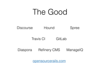 The Good
Discourse
Travis CI
Diaspora
Spree
GitLab
Hound
Reﬁnery CMS
opensourcerails.com
ManageIQ
 