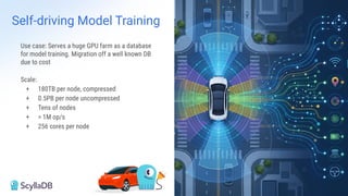 Self-driving Model Training
Use case: Serves a huge GPU farm as a database
for model training. Migration off a well known DB
due to cost
Scale:
+ 180TB per node, compressed
+ 0.5PB per node uncompressed
+ Tens of nodes
+ > 1M op/s
+ 256 cores per node
 