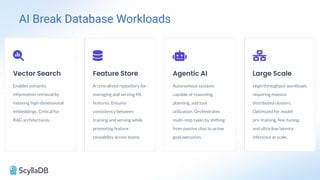AI Break Database Workloads
Vector Search
Enables semantic
information retrieval by
indexing high-dimensional
embeddings. Critical for
RAG architectures,
Feature Store
A centralized repository for
managing and serving ML
features. Ensures
consistency between
training and serving while
promoting feature
reusability across teams.
Agentic AI
Autonomous systems
capable of reasoning,
planning, and tool
utilization. Orchestrates
multi-step tasks by shifting
from passive chat to active
goal execution.
Large Scale
High-throughput workloads
requiring massive
distributed clusters.
Optimized for model
pre-training, ﬁne-tuning,
and ultra-low latency
inference at scale.
 