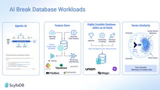 AI Break Database Workloads
Vector Similarity
Feature Store Highly Scalable Database
within an AI Stack
Dissimilar
Dissimilar
Similar Results
(Matches)
Vector Space
Query
Vector
Fast, Accurate
Matching of Complex Data
Raw Data
Sources
Real-time
Event Streams
ML Training
ML Serving
(Interference)
Central
Feature Store
(ScyllaDB)
Ingestion
Processing
& Training
Serving &
Inference
High Throughput & Low Latency Access
Agentic AI
 