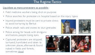 The Regime: Tactics 11 
Liquidate as many protesters as possible: 
• Field medicine workers being shot on purpose 
• Polic...