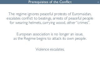 Prerequisites of the Conflict 
The regime ignores peaceful protests of Euromaidan, 
escalates conflict to beatings, arrest...