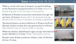 Status (evening Feb 28, 2014) 51 
Military armed with lots of weapon occupied buildings 
of the Parliament and government ...