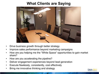 What Clients are SayingDrive business growth through better strategyImprove sales performance beyond marketing campaignsHow are you helping me the “White Space” opportunities to gain market share?How are you accelerating the pipeline?Deliver engagement experiences beyond lead generationExecute flawlessly, consistently, cost effectivelyBring me innovative thinking and strategy
