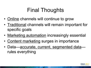 Final ThoughtsOnline channels will continue to growTraditional channels will remain important for specific goalsMarketing automation increasingly essentialContent marketing surges in importanceData—accurate, current, segmented data—rules everything