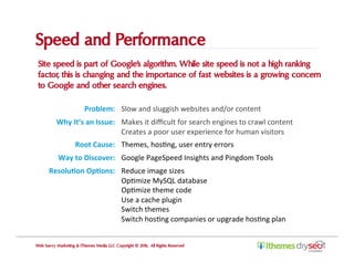 Speed and Performance
Site speed is part of Google’s algorithm. While site speed is not a high ranking
factor, this is changing and the importance of fast websites is a growing concern
to Google and other search engines.
Web Savvy Marketing & iThemes Media LLC Copyright © 2016, All Rights Reserved
Problem:	 Slow	and	sluggish	websites	and/or	content	
Why	It’s	an	Issue:	 Makes	it	diﬃcult	for	search	engines	to	crawl	content	
Creates	a	poor	user	experience	for	human	visitors	
Root	Cause:	 Themes,	hosCng,	user	entry	errors	
Way	to	Discover:	 Google	PageSpeed	Insights	and	Pingdom	Tools	
Resolu,on	Op,ons:	 Reduce	image	sizes	
OpCmize	MySQL	database	
OpCmize	theme	code	
Use	a	cache	plugin	
Switch	themes	
Switch	hosCng	companies	or	upgrade	hosCng	plan	
 