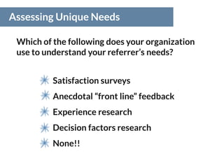 Satisfaction surveys
Anecdotal “front line” feedback
Experience research
Decision factors research
None!!
Assessing Unique Needs
Which of the following does your organization
use to understand your referrer’s needs?
 