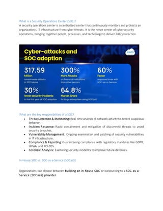 What is a Security Operations Center (SOC)?
A security operations center is a centralized center that continuously monitors and protects an
organization's IT infrastructure from cyber threats. It is the nerve center of cybersecurity
operations, bringing together people, processes, and technology to deliver 24/7 protection.
What are the key responsibilities of a SOC?
• Threat Detection & Monitoring: Real-time analysis of network activity to detect suspicious
behavior.
• Incident Response: Rapid containment and mitigation of discovered threats to avoid
security breaches.
• Vulnerability Management: Ongoing examination and patching of security vulnerabilities
in IT infrastructure.
• Compliance & Reporting: Guaranteeing compliance with regulatory mandates like GDPR,
HIPAA, and PCI-DSS.
• Forensic Analysis: Examining security incidents to improve future defenses.
In-House SOC vs. SOC-as-a-Service (SOCaaS)
Organizations can choose between building an in-house SOC or outsourcing to a SOC-as-a-
Service (SOCaaS) provider.
 