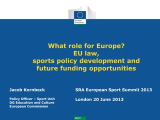 Sport
What role for Europe?
EU law,
sports policy development and
future funding opportunities
Jacob Kornbeck
Policy Officer – Sport Unit
DG Education and Culture
European Commission
SRA European Sport Summit 2013
London 20 June 2013
 