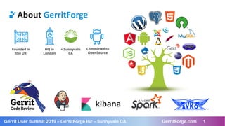 1
Gerrit User Summit 2019 – GerritForge Inc – Sunnyvale CA GerritForge.com 1
About GerritForge
Founded in
the UK
HQ in
London
Committed to
OpenSource
+ Sunnyvale
CA
 