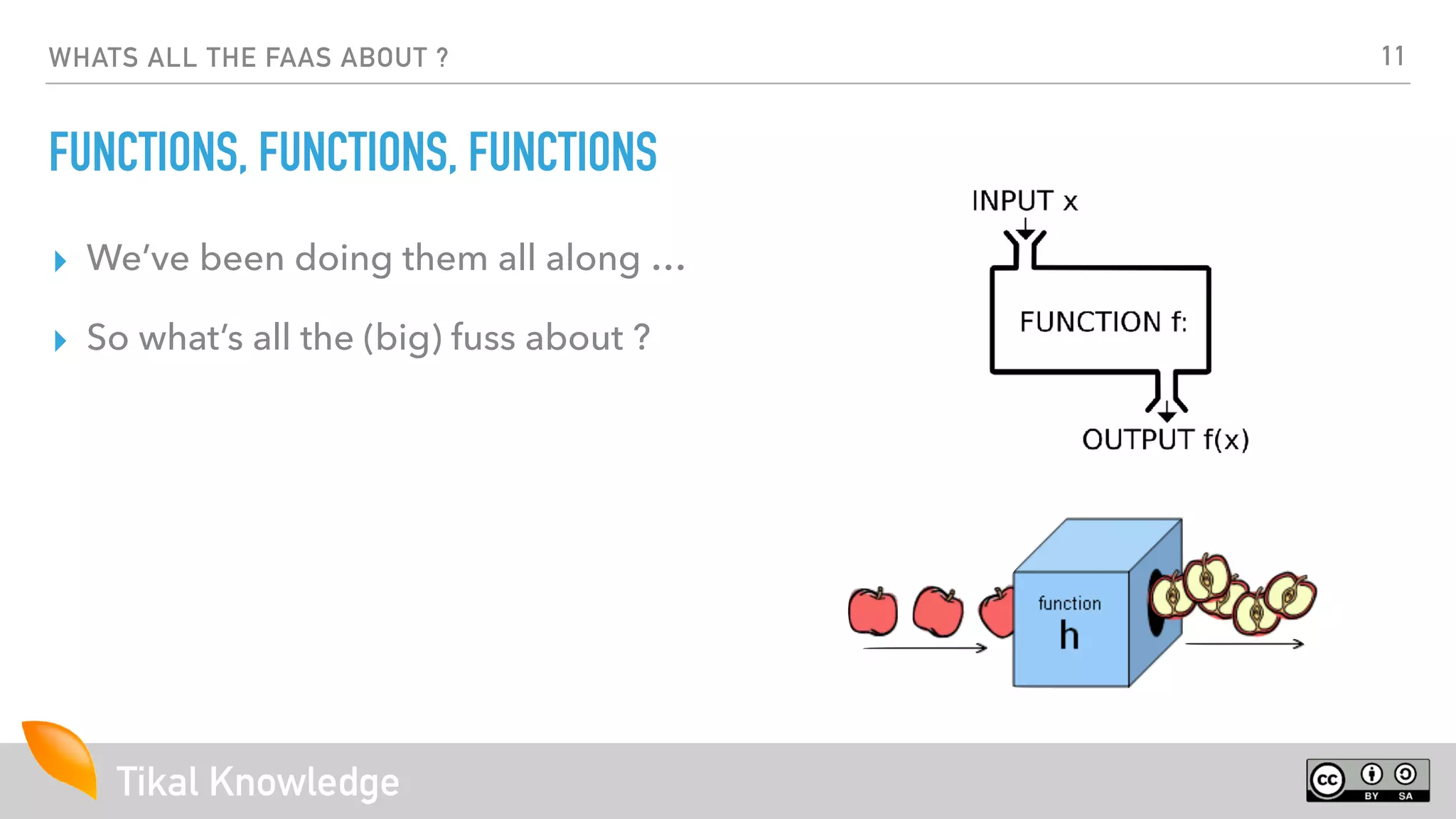 Tikal Knowledge
WHATS ALL THE FAAS ABOUT ?
FUNCTIONS, FUNCTIONS, FUNCTIONS
▸ We’ve been doing them all along …
▸ So what’s all the (big) fuss about ?
11
 