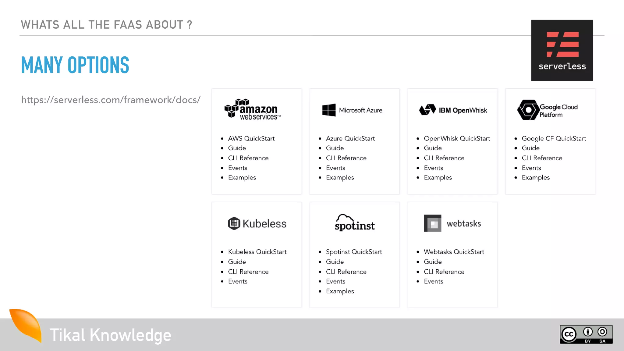 Tikal Knowledge
WHATS ALL THE FAAS ABOUT ?
MANY OPTIONS
https://serverless.com/framework/docs/
 