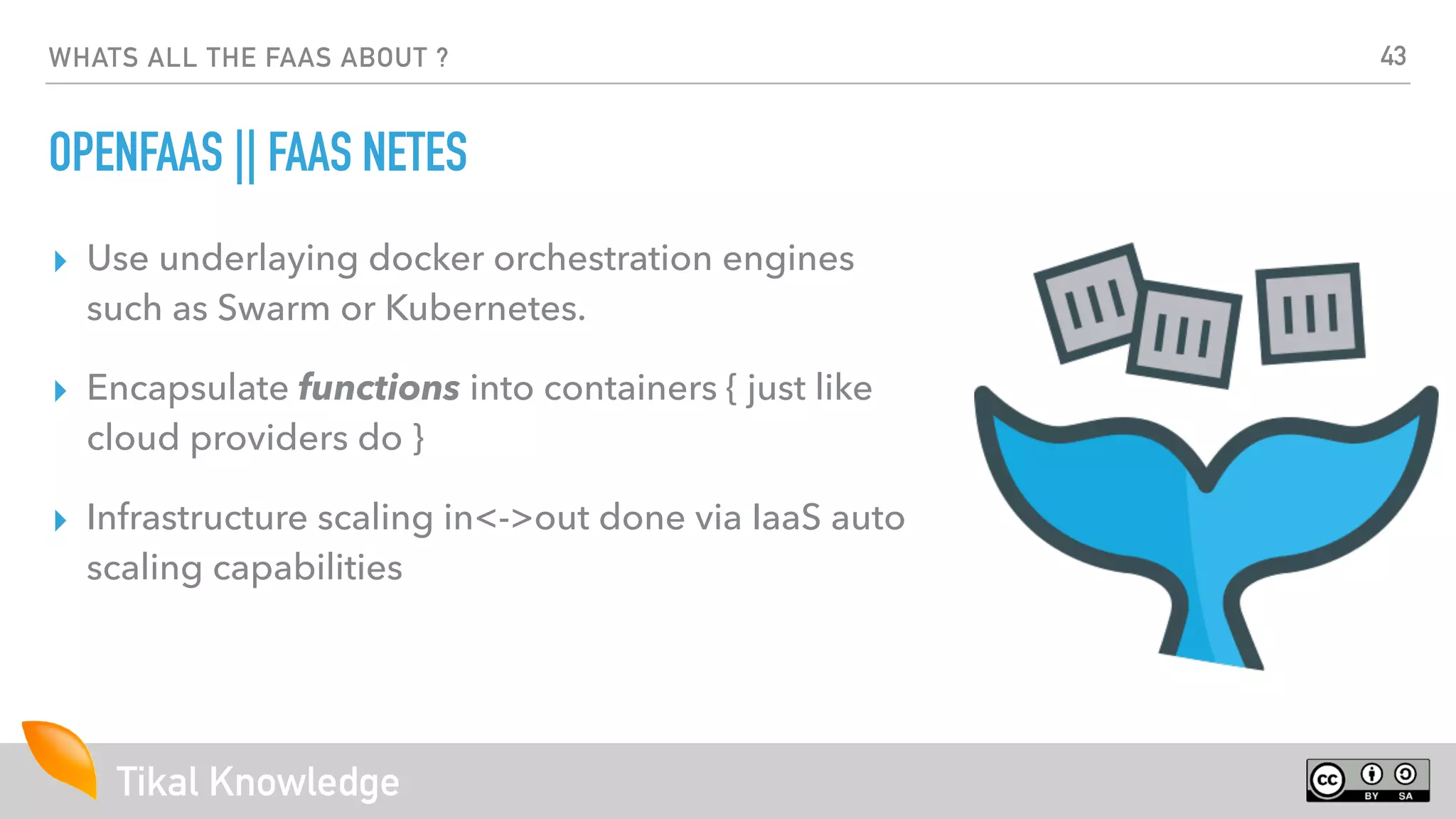Tikal Knowledge
WHATS ALL THE FAAS ABOUT ?
OPENFAAS || FAAS NETES
▸ Use underlaying docker orchestration engines
such as Swarm or Kubernetes.
▸ Encapsulate functions into containers { just like
cloud providers do }
▸ Infrastructure scaling in<->out done via IaaS auto
scaling capabilities
43
 