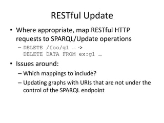RESTful UpdateWhere appropriate, map RESTful HTTP requests to SPARQL/Update operationsDELETE /foo/g1 …-> DELETE DATA FROM ex:g1 …Issues around:Which mappings to include?Updating graphs with URIs that are not under the control of the SPARQL endpoint