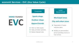 l Meet our SDG targets
l Sales promotion activities
l Reduce disposal costs
l Organisation of waste
reduction plans.
l Building an administrative
service providing reuse as a
main service.
2019©ecommit 12
EVC
MONO-TSUNAGI Sports shops
Outdoor shops
Apparel brands
Corporate
Local
Government
Municipal areas
City and urban areas
ecommit Services - EVC (Eco Value Cycle)
 