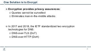 | 5
One Solution is to Encrypt
¤ Encryption provides privacy assurances:
¡ Queries cannot be surveilled
¡ Eliminates man-in-the-middle attacks
¤ In 2017 and 2018, the IETF standardized two encryption
technologies for DNS:
¡ DNS-over-TLS (DoT)
¡ DNS-over-HTTP (DoH)
 