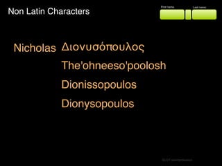 Non Latin Characters
First name Last name
Nicholas Διονυσόπουλος
The'ohneeso'poolosh
Dionissopoulos
Dionysopoulos
ELOT standardisation
 