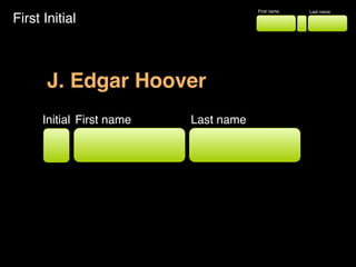 First Initial
First name Last name
First name Last nameInitial
J. Edgar Hoover
 
