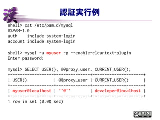 認証実行例
shell> cat /etc/pam.d/mysql
#%PAM-1.0
auth include system-login
account include system-login
shell> mysql -u myuser -p --enable-cleartext-plugin
Enter password:
mysql> SELECT USER(), @@proxy_user, CURRENT_USER();
+------------------+--------------+---------------------+
| USER() | @@proxy_user | CURRENT_USER() |
+------------------+--------------+---------------------+
| myuser@localhost | ''@'' | developer@localhost |
+------------------+--------------+---------------------+
1 row in set (0.00 sec)
 
