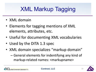 XML Markup Tagging 
• XML domain 
• Elements for tagging mentions of XML 
elements, attributes, etc. 
• Useful for documenting XML vocabularies 
• Used by the DITA 1.3 spec 
• XML domain specializes “markup domain” 
– General elements for indentifying any kind of 
markup-related names: <markupname> 
Contrext, LLC 33 
 