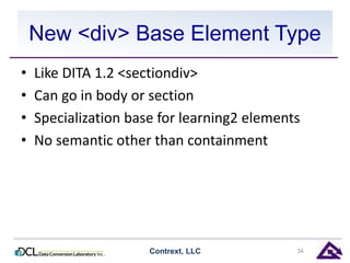 New <div> Base Element Type 
• Like DITA 1.2 <sectiondiv> 
• Can go in body or section 
• Specialization base for learning2 elements 
• No semantic other than containment 
Contrext, LLC 34 
 