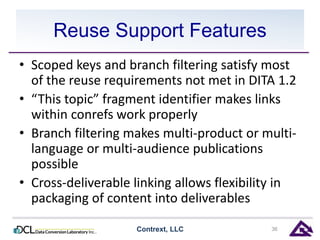 Reuse Support Features 
• Scoped keys and branch filtering satisfy most 
of the reuse requirements not met in DITA 1.2 
• “This topic” fragment identifier makes links 
within conrefs work properly 
• Branch filtering makes multi-product or multi-language 
or multi-audience publications 
possible 
• Cross-deliverable linking allows flexibility in 
packaging of content into deliverables 
Contrext, LLC 36 
 