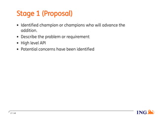 Stage 1 (Proposal)
Identiﬁed champion or champions who will advance the
addition.
Describe the problem or requirement
High level API
Potential concerns have been identiﬁed
27 / 48
 