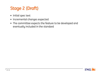 Stage 2 (Draft)
Initial spec text
Incremental changes expected
The committee expects the feature to be developed and
eventually included in the standard
28 / 48
 