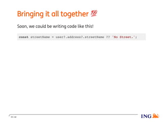 Bringing it all together 💯
Soon, we could be writing code like this!
const streetName = user?.address?.streetName ?? 'No Street.';
39 / 48
 