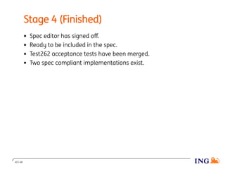 Stage 4 (Finished)
Spec editor has signed oﬀ.
Ready to be included in the spec.
Test262 acceptance tests have been merged.
Two spec compliant implementations exist.
40 / 48
 