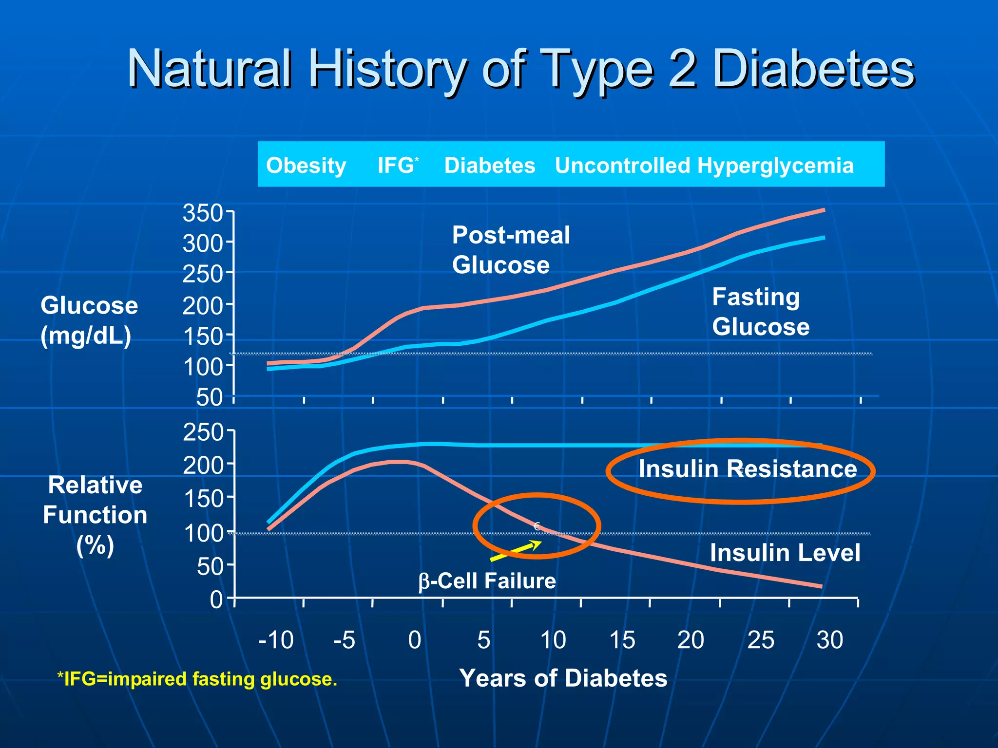 Natural History of Type 2 Diabetes   € € 0 50 100 150 200 250 -10 -5 0 5 10 15 20 25 30 Years of Diabetes Glucose (mg/dL) Relative Function (%) Insulin Resistance Insulin Level  -Cell Failure * IFG=impaired fasting glucose. 50 100 150 200 250 300 350 Fasting Glucose Post-meal Glucose Obesity  IFG *   Diabetes  Uncontrolled Hyperglycemia   