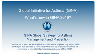 © Global Initiative for Asthma
GINA Global Strategy for Asthma
Management and Prevention
Global Initiative for Asthma (GINA)
What’s new in GINA 2019?
This slide set is restricted for academic and educational purposes only. No additions
or changes may be made to slides. Use of the slide set or of individual slides for
commercial or promotional purposes requires approval from GINA.
 