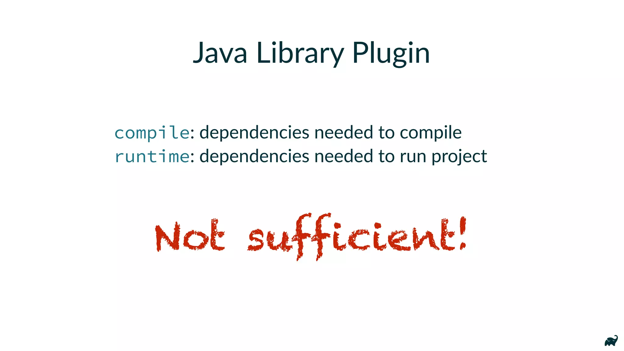 compile: dependencies needed to compile 
runtime: dependencies needed to run project
Java Library Plugin
Not sufficient!
 