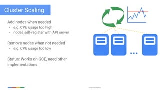 Google Cloud Platform
Cluster Scaling
Add nodes when needed
• e.g. CPU usage too high
• nodes self-register with API server
Remove nodes when not needed
• e.g. CPU usage too low
Status: Works on GCE, need other
implementations
...
 