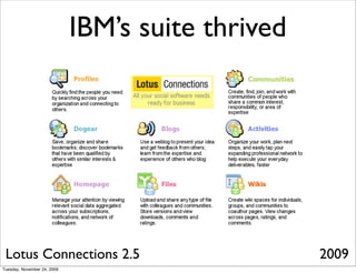 IBM’s suite thrived




 Lotus Connections 2.5                             2009
Tuesday, November 24, 2009
 
