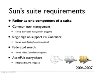 Sun’s suite requirements
             • Roller as one component of a suite
             • Common user management
                  •          So we made user management pluggable

             •      Single sign on support via Container
                  •          So we made Spring Security optional

             •      Federated search
                  •          So we added OpenSearch support

             •      AtomPub everywhere
                  •          Integrated ROME Propono

                                                                    2006-2007
Tuesday, November 24, 2009
 