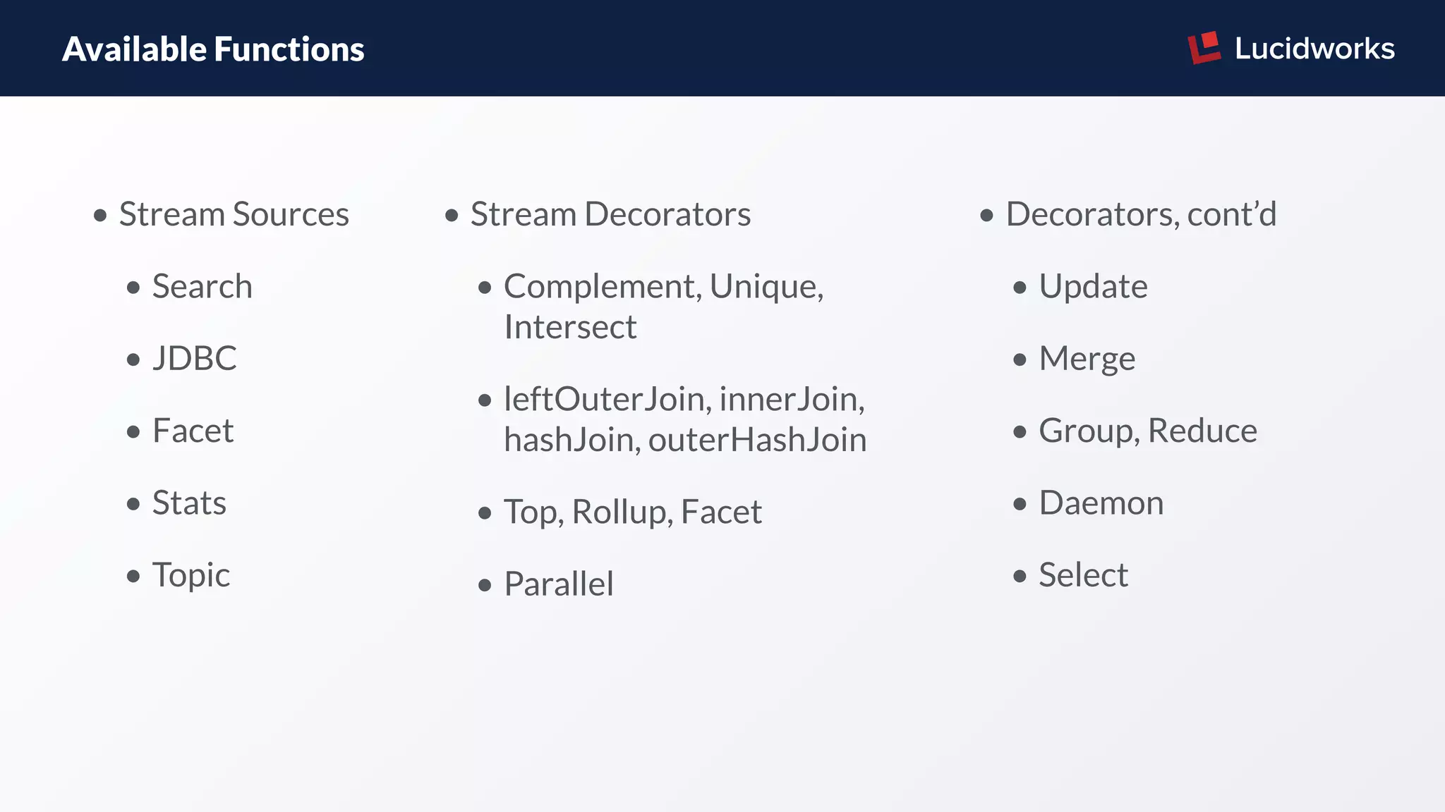 Available Functions
• Stream Sources
• Search
• JDBC
• Facet
• Stats
• Topic
• Stream Decorators
• Complement, Unique,
Intersect
• leftOuterJoin, innerJoin,
hashJoin, outerHashJoin
• Top, Rollup, Facet
• Parallel
• Decorators, cont’d
• Update
• Merge
• Group, Reduce
• Daemon
• Select
 